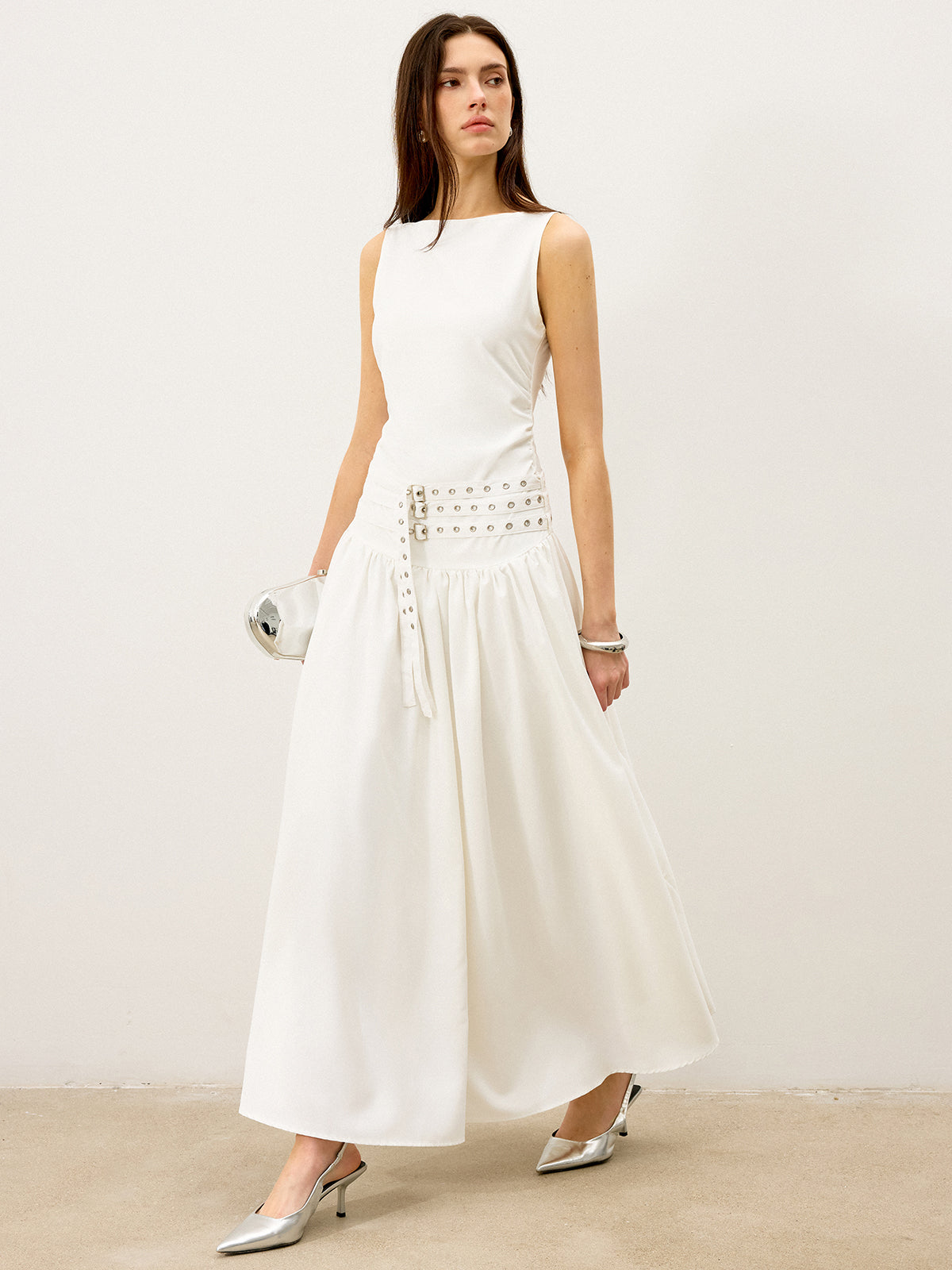 Boat Neck Multi-Belt Low-Waist Maxi Dress
