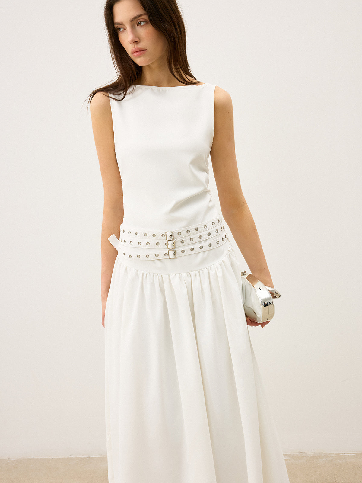 Robe longue col bateau multi-ceintures taille basse