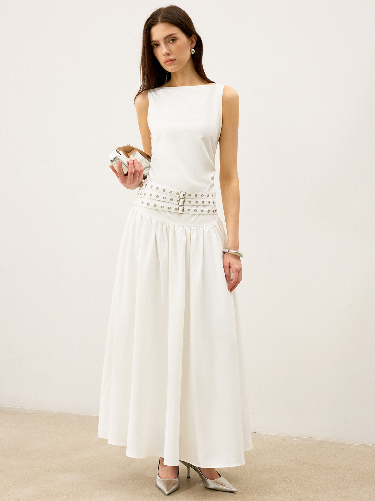 Robe longue col bateau multi-ceintures taille basse