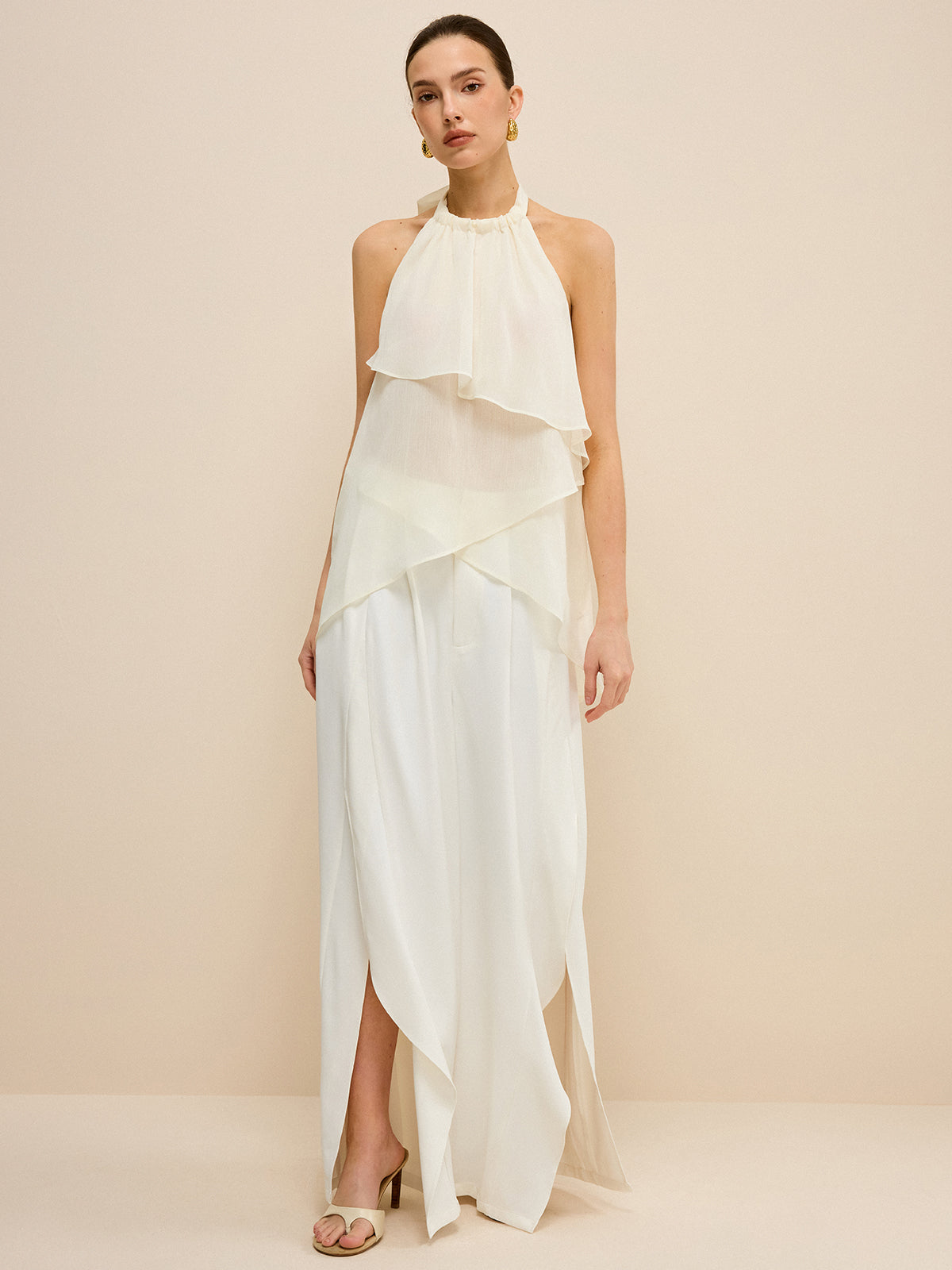Halbtransparentes, asymmetrisches Chiffon-Top mit Lagenlook und Neckholder 