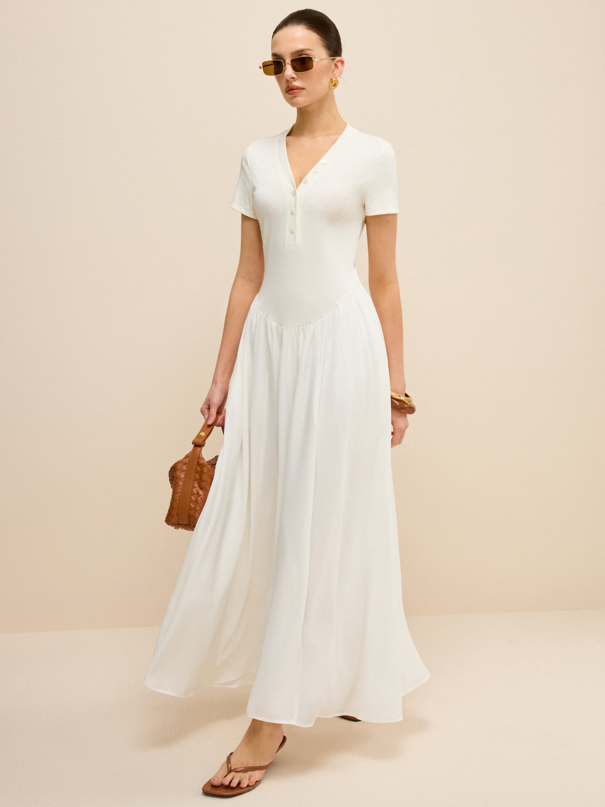Button-Placket V-Neck Maxi Dress