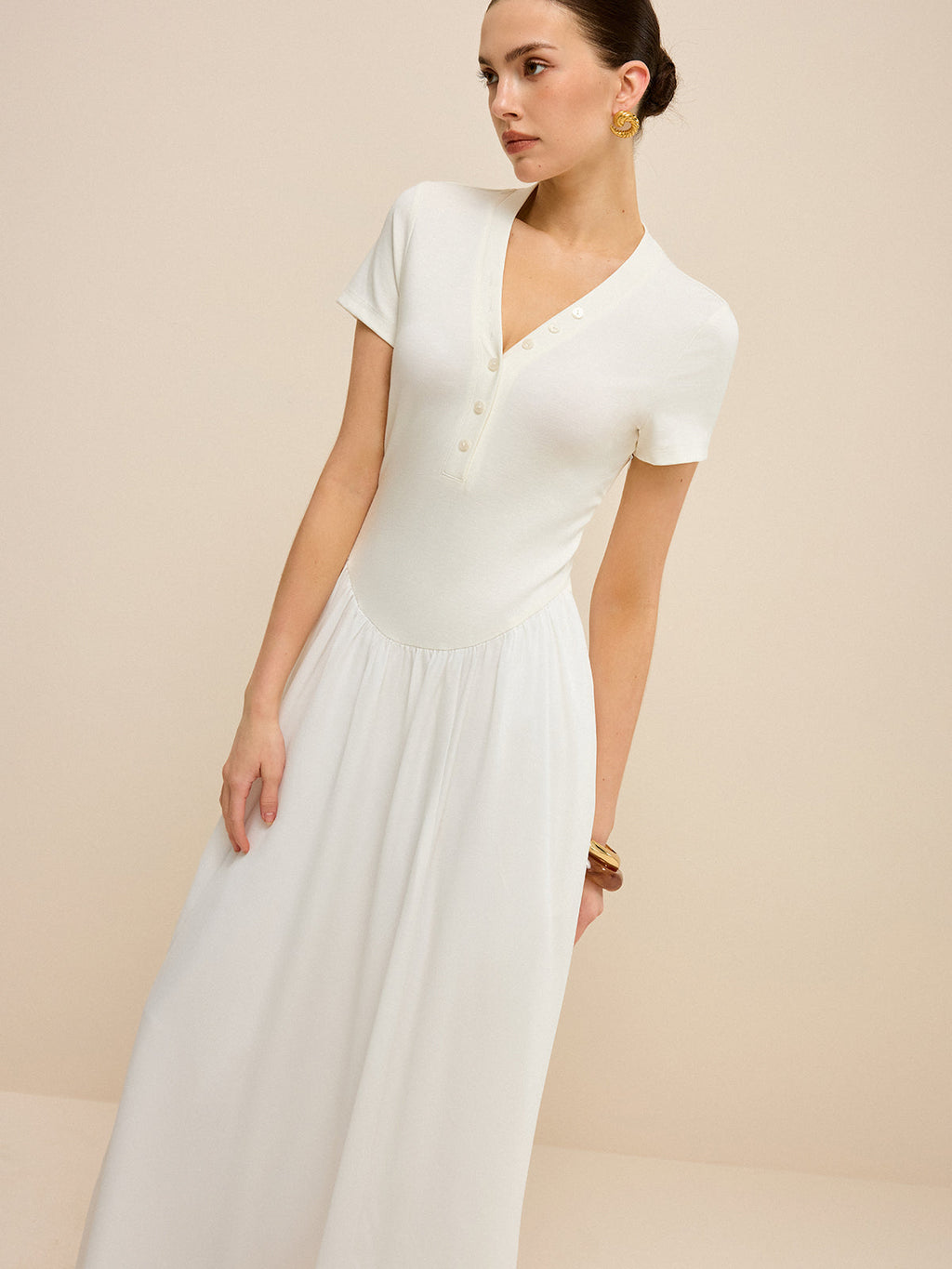 Button-Placket V-Neck Maxi Dress