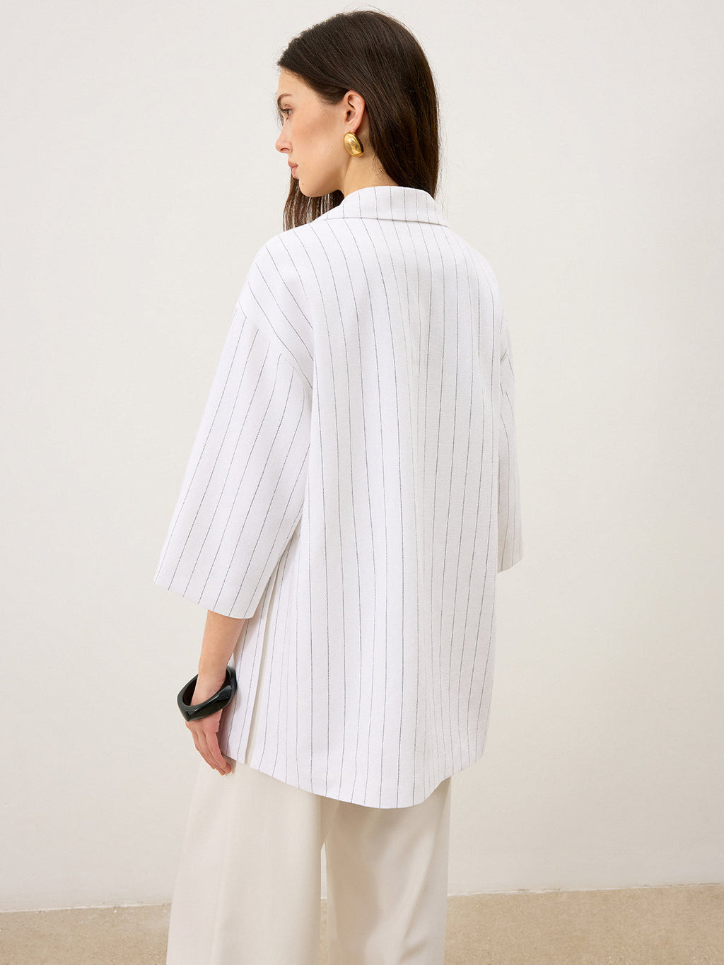 Blazer ample croisé en lin et coton à rayures et fentes latérales