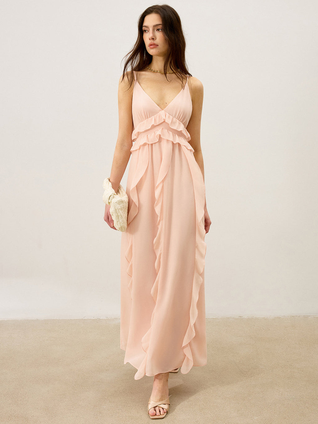 Semi-Sheer Chiffon Ruffle Trim Maxi Dress