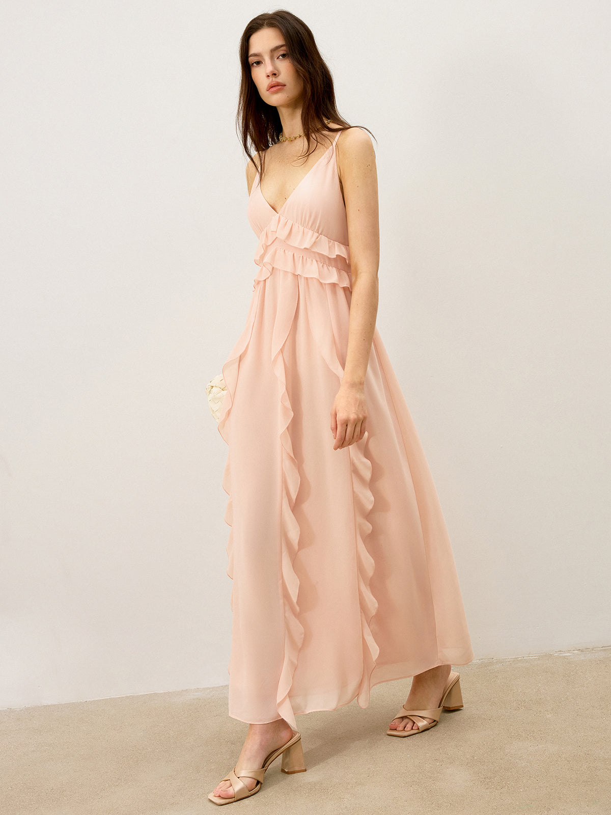 Semi-Sheer Chiffon Ruffle Trim Maxi Dress