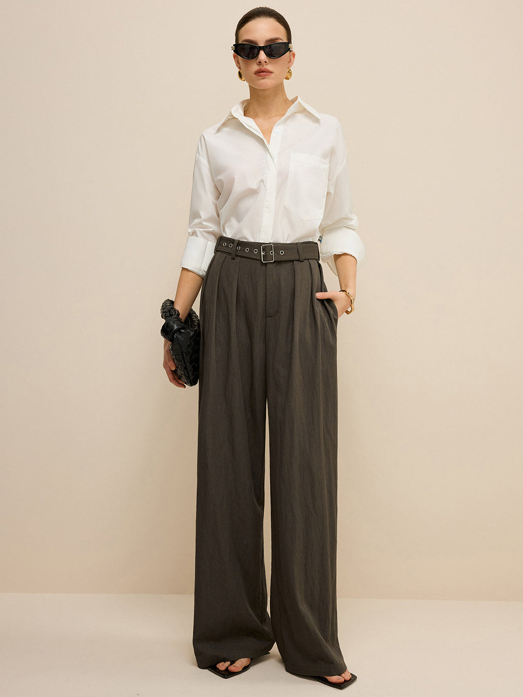 Army Green Belted Pleated Wide-Leg Pants