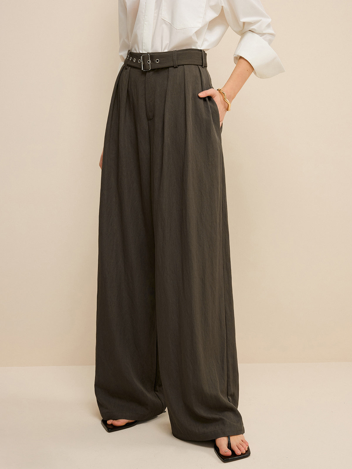 Army Green Belted Pleated Wide-Leg Pants