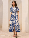 Robe midi à imprimé floral, ceinturée et boutonnée