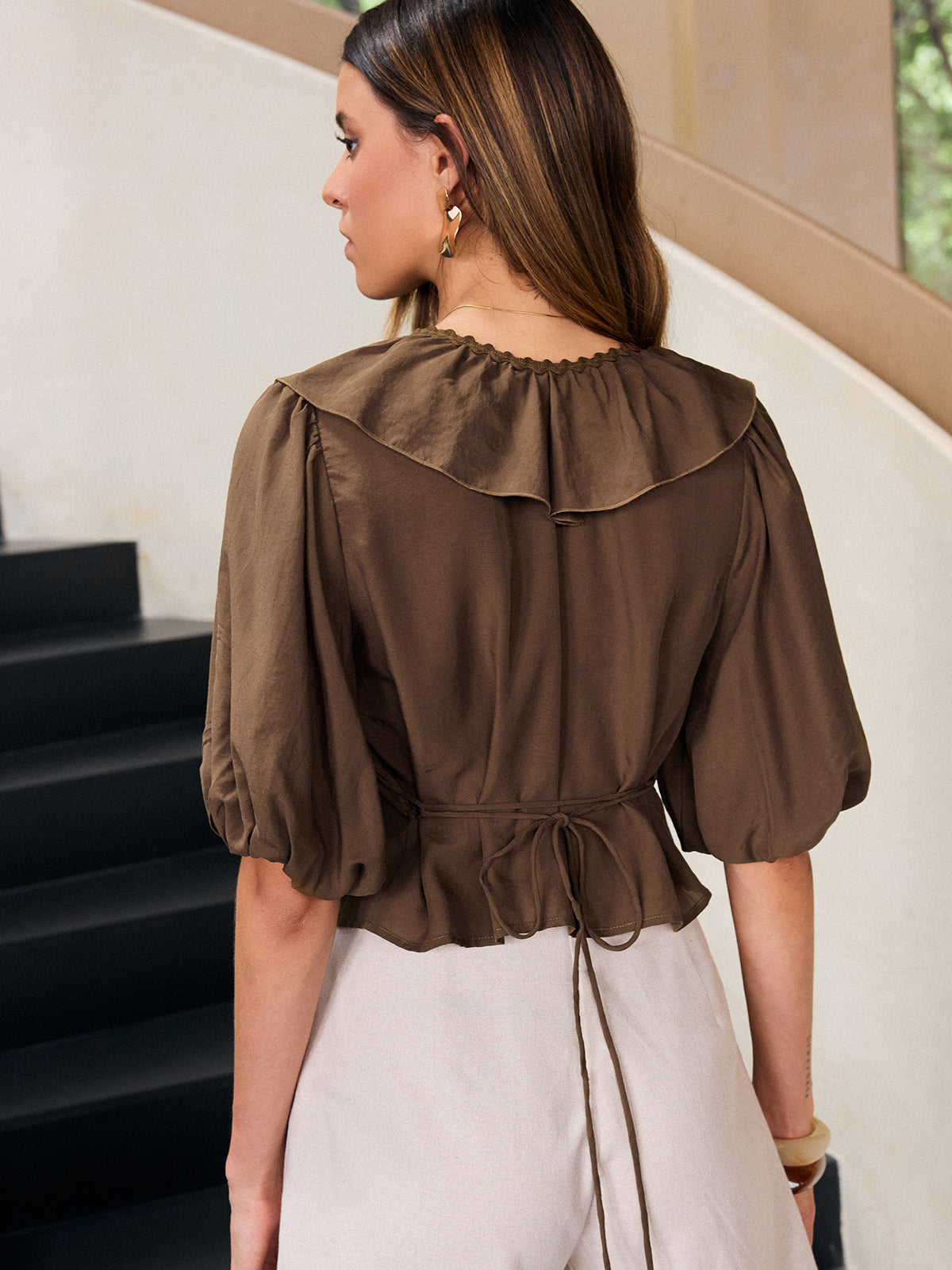 Ruffle V-Neck Puff Sleeve Tencel Blouse