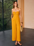 Trägerloser Jumpsuit mit Raffungen und weitem Bein