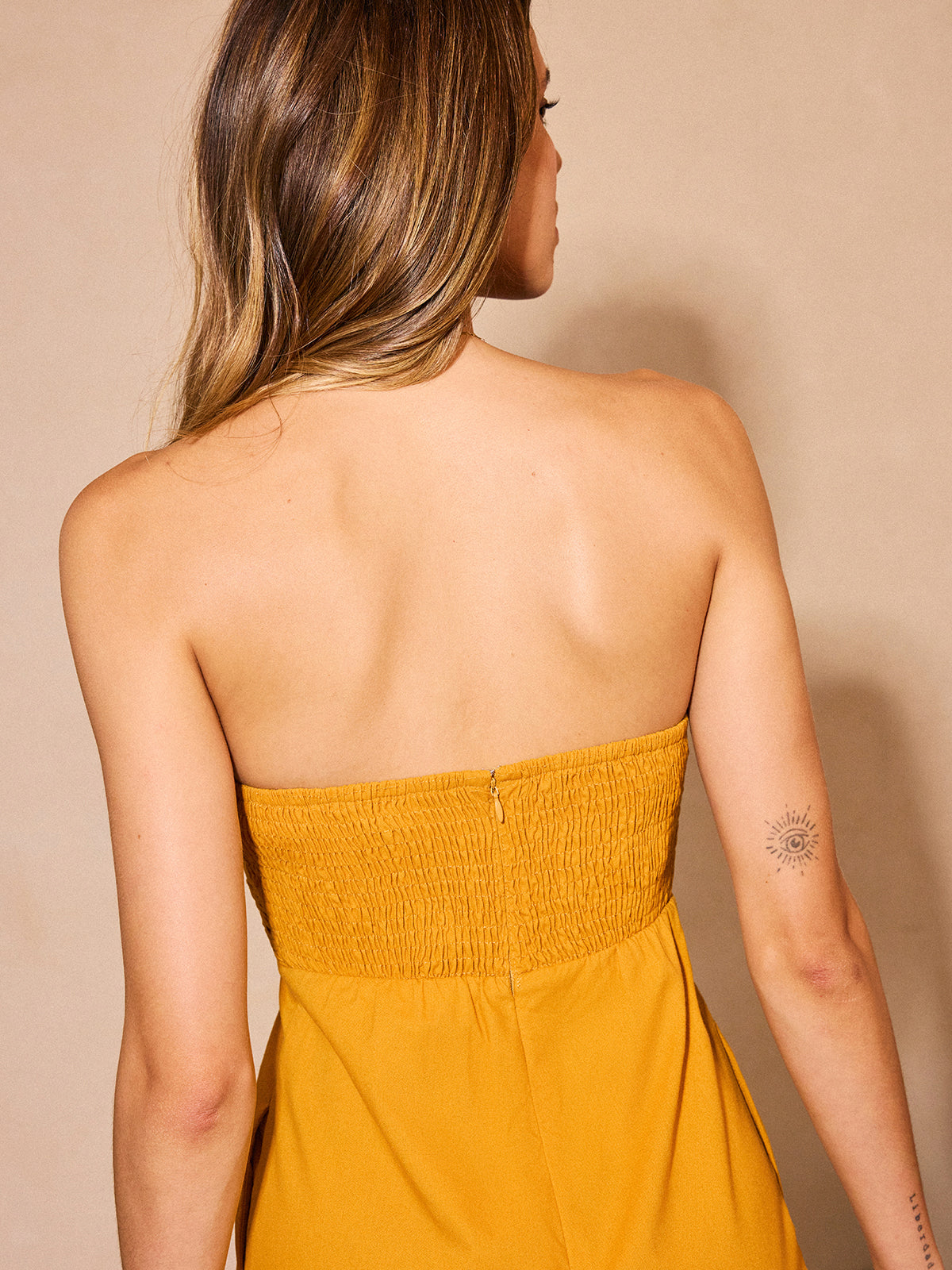 Strapless Ruched Wide-Leg Jumpsuit