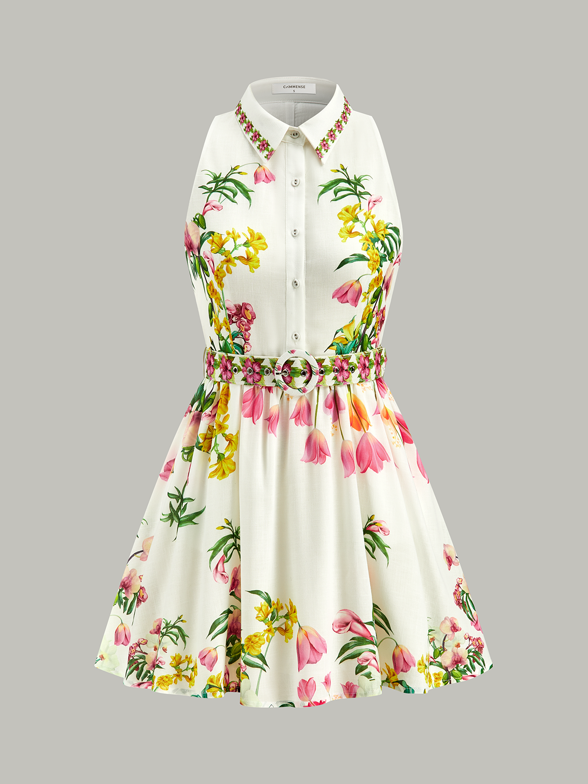 Geblümtes Mini-Kleid mit Gürtel