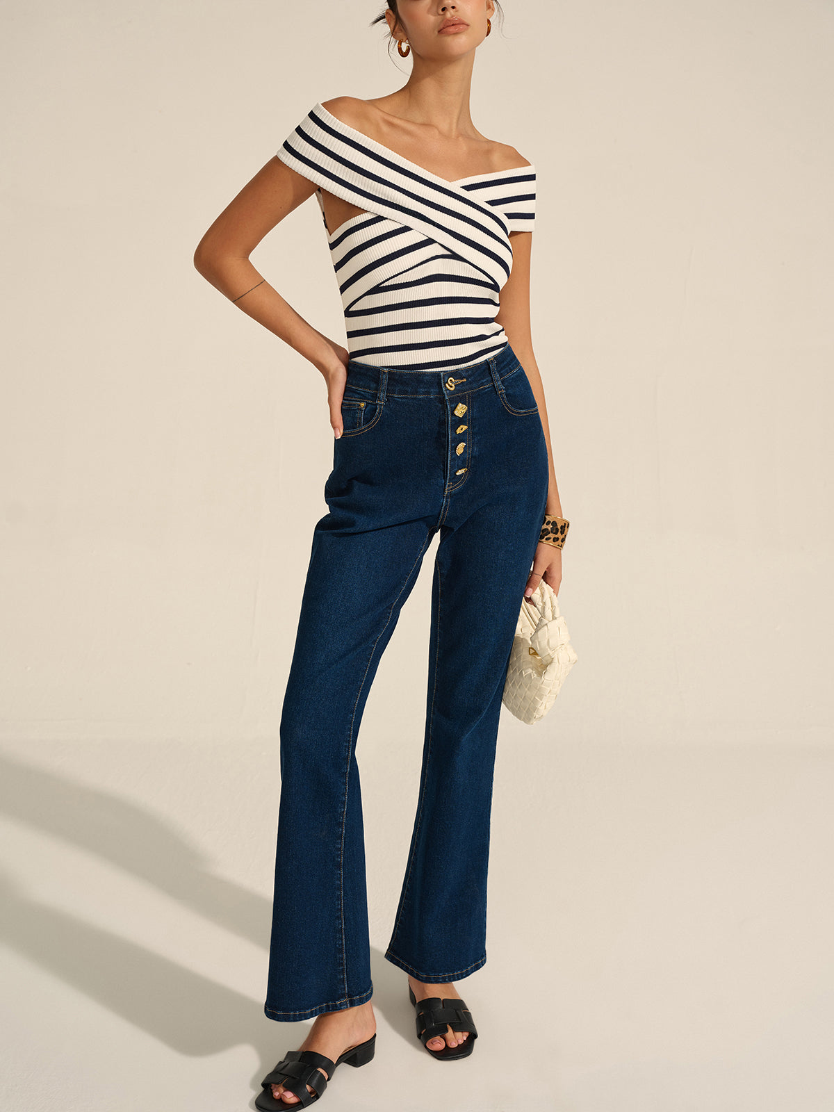 Denim Metal Decor Flared Pants