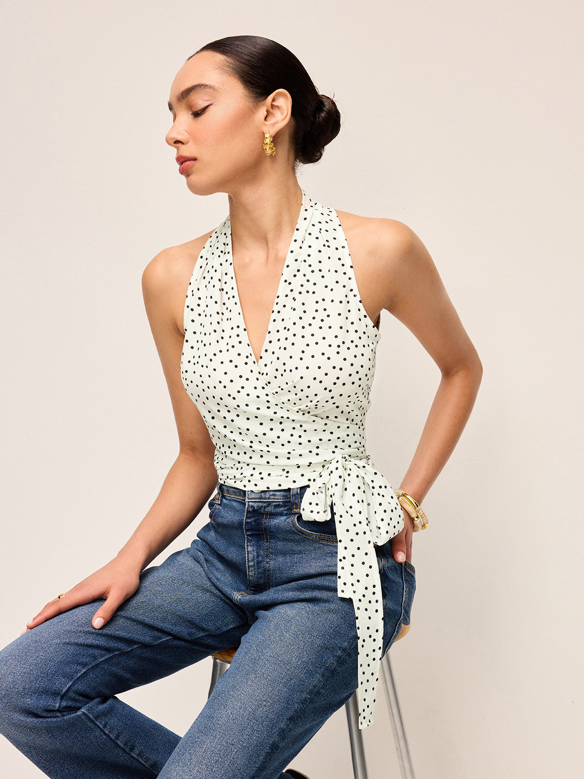 Semi-Sheer Polka Dot Wrap Halter Top