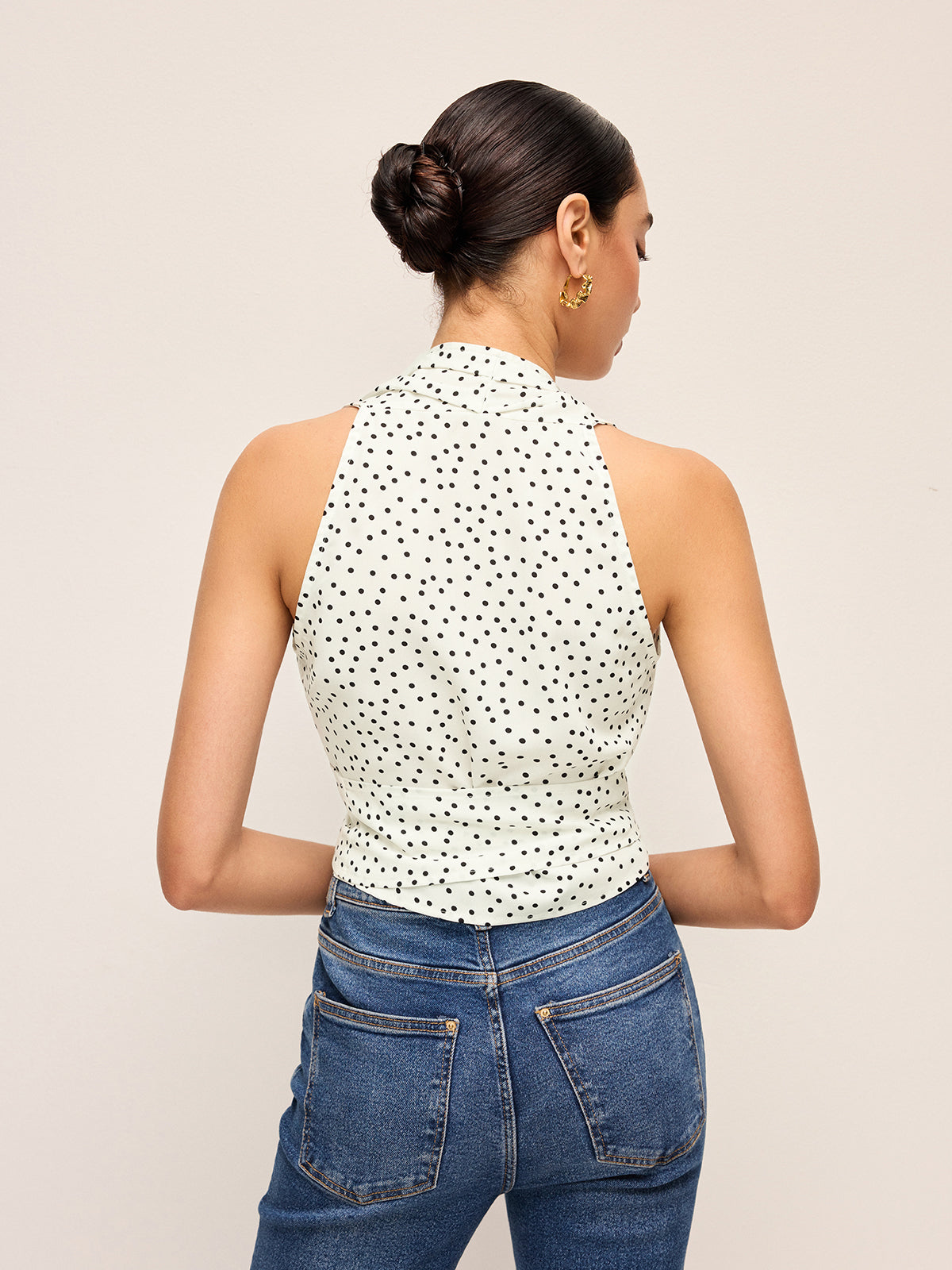 Semi-Sheer Polka Dot Wrap Halter Top