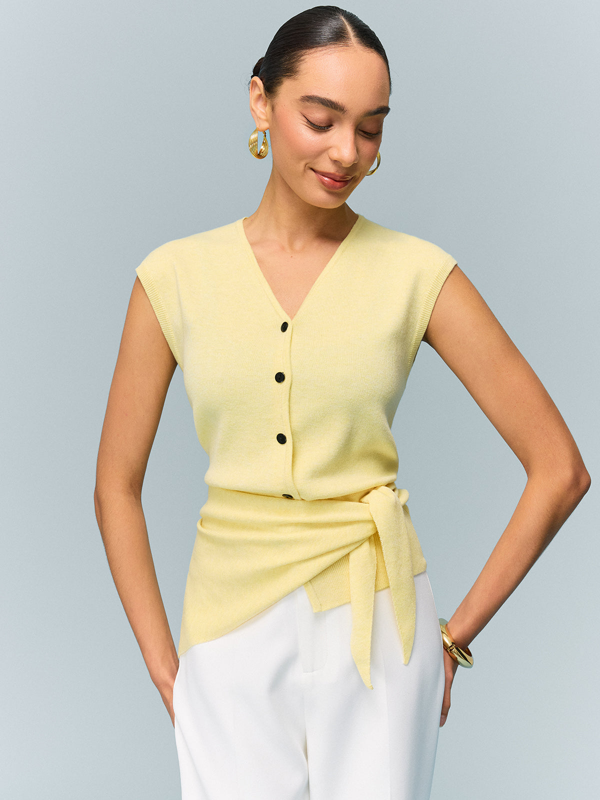 Button Knit Top with Convertible Styling Options