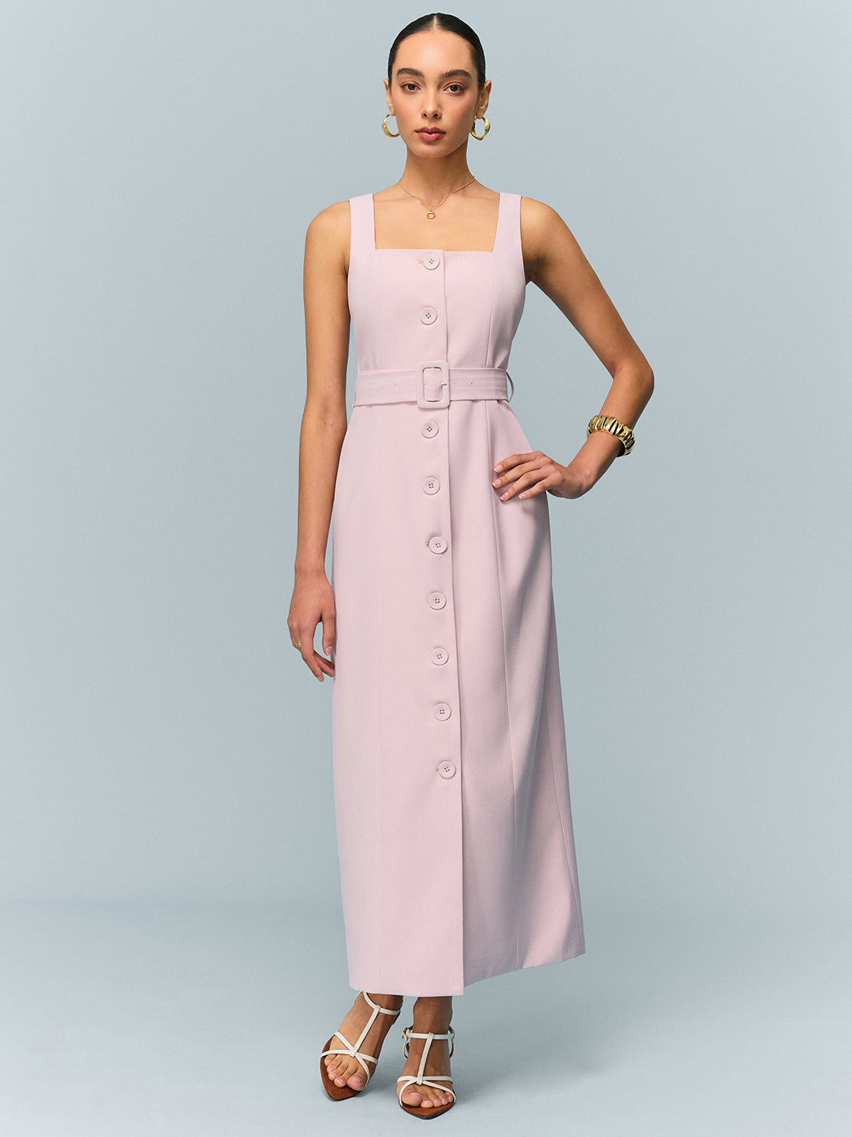 Robe longue boutonnée ceinturée