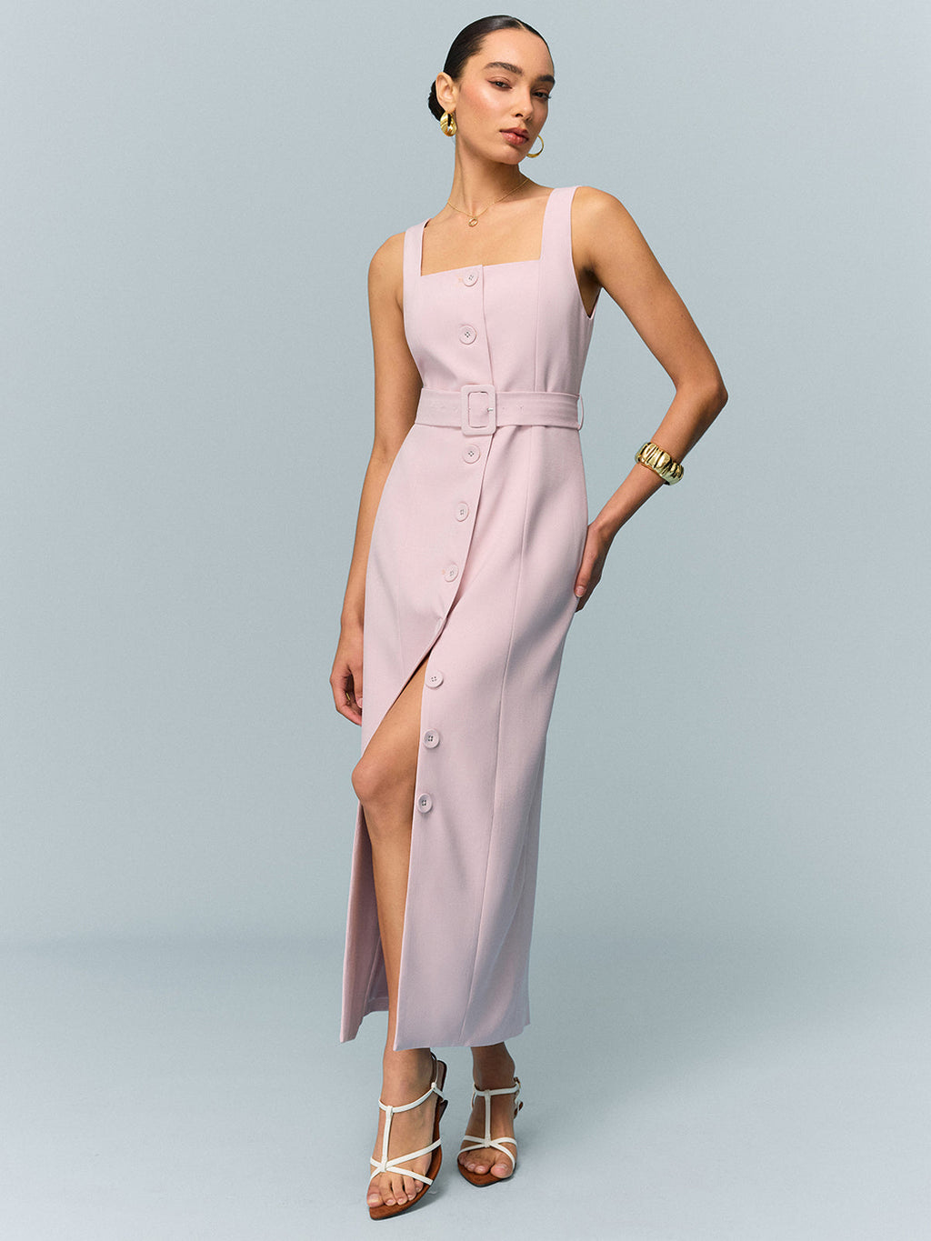 Robe longue boutonnée ceinturée