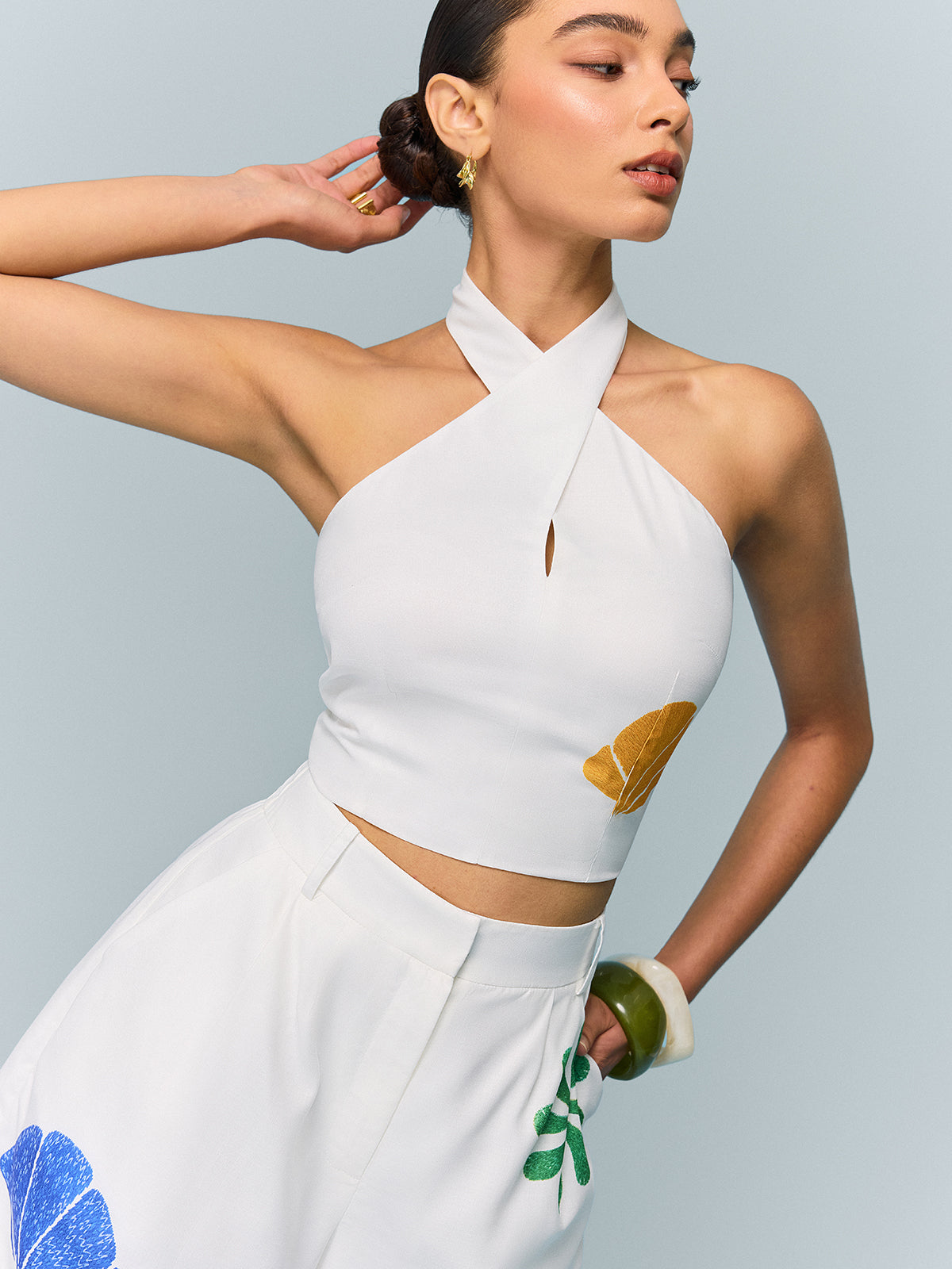 Halter-Neck Crop Top and Printed Shorts Set