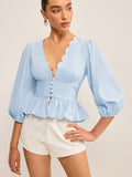 Peplum-Top mit Muschelsaum am V-Ausschnitt und Puffärmeln