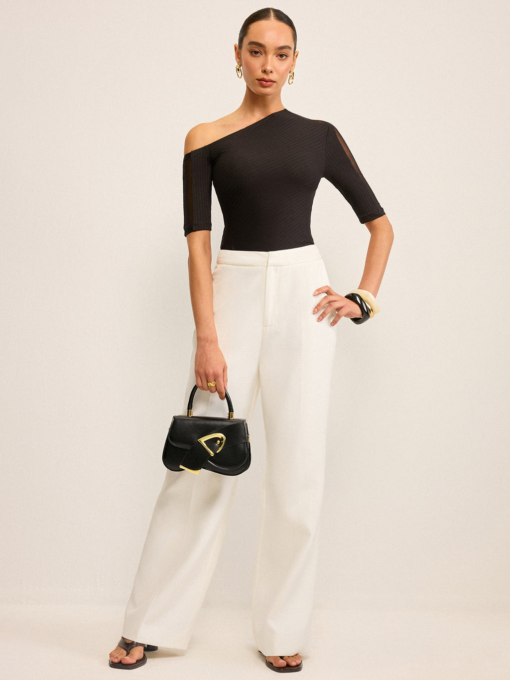 Semi-Sheer One-Shoulder Top with Mesh Sleeve