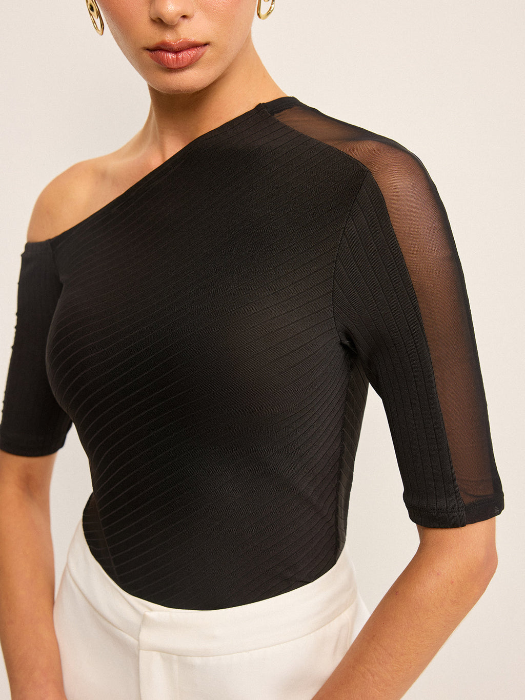 Semi-Sheer One-Shoulder Top with Mesh Sleeve