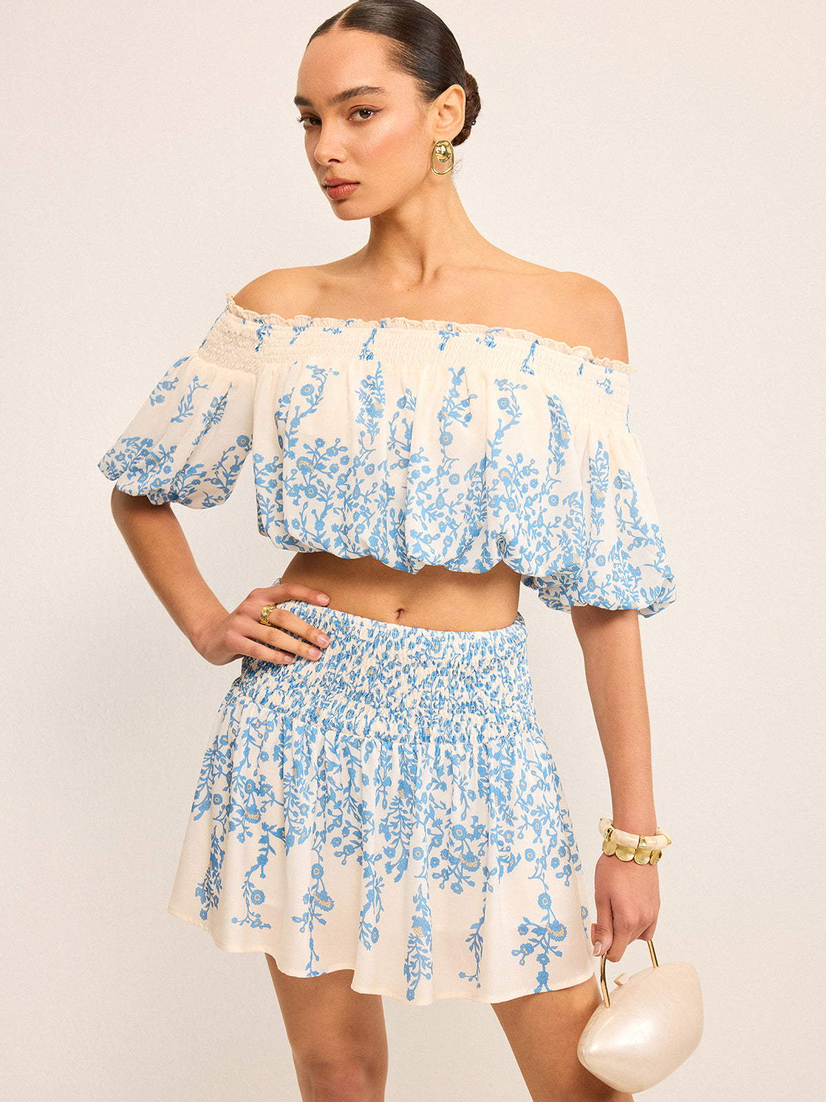 Floral Off-Shoulder Crop Top and Cinching Skirt Set