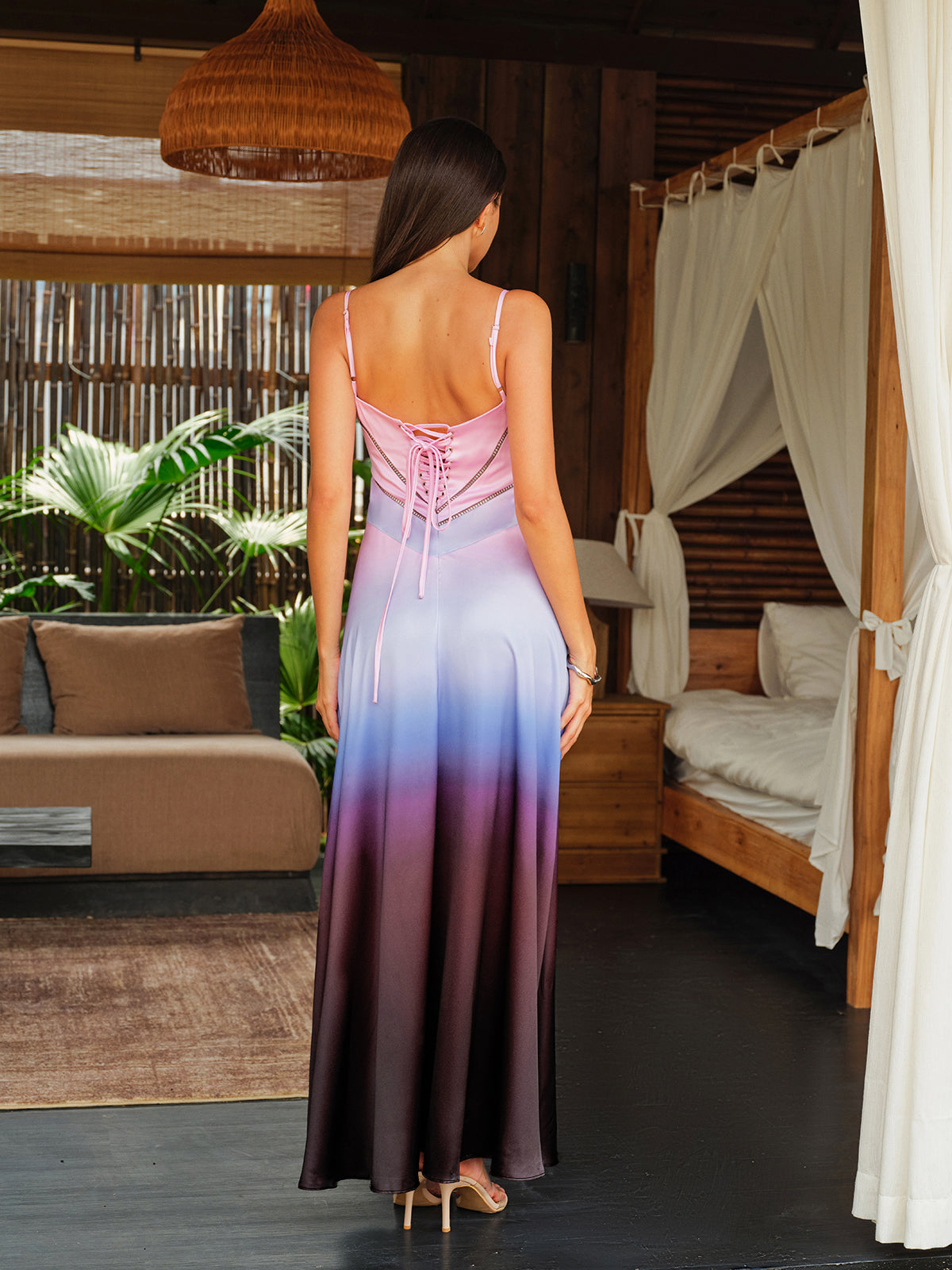 Spaghetti Straps Tie-Dye Gradient Satin Maxi Dress With Lace-Up Back