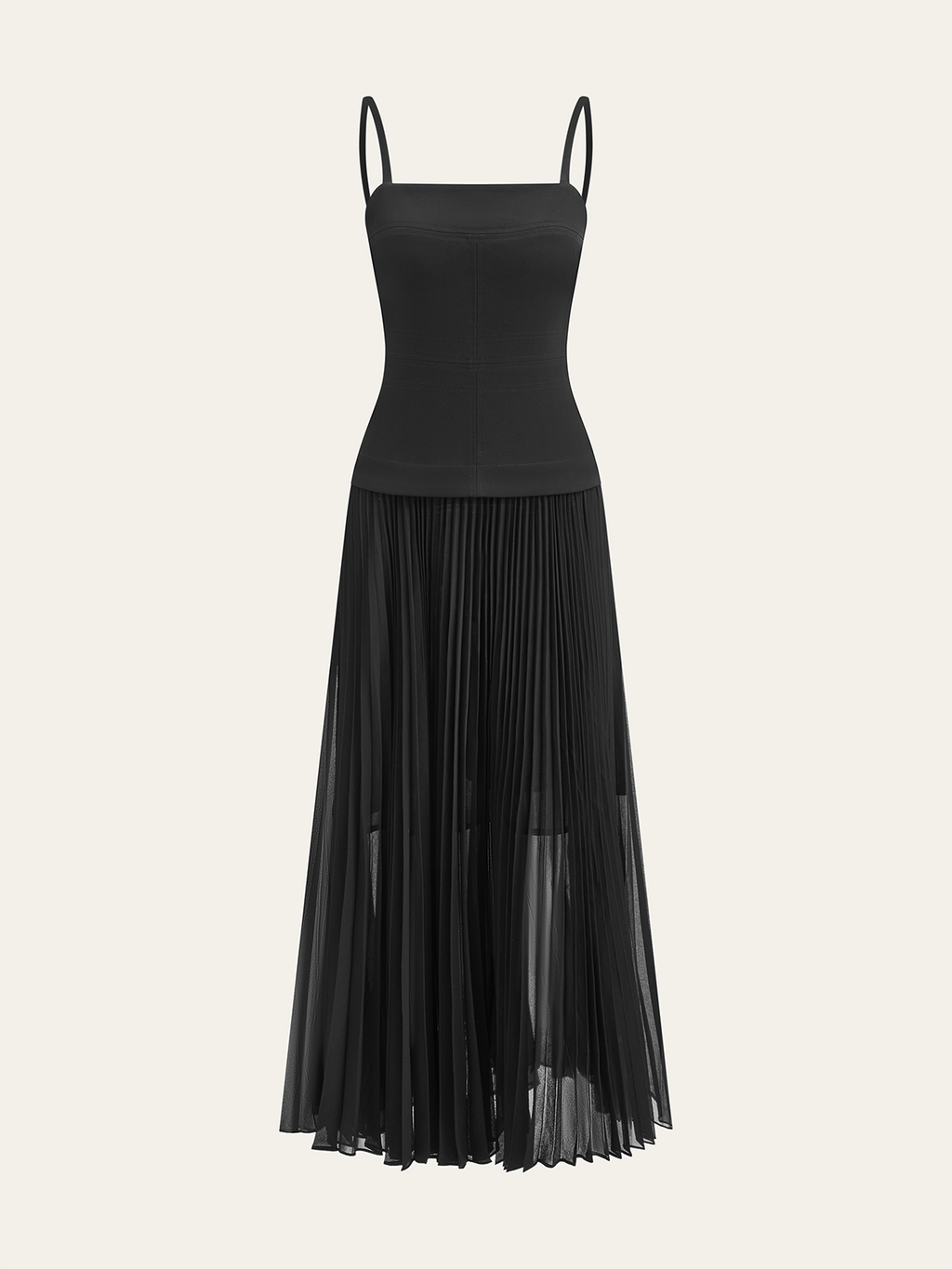 Trägerloses Maxikleid mit Spaghettiträgern und Faltenrock