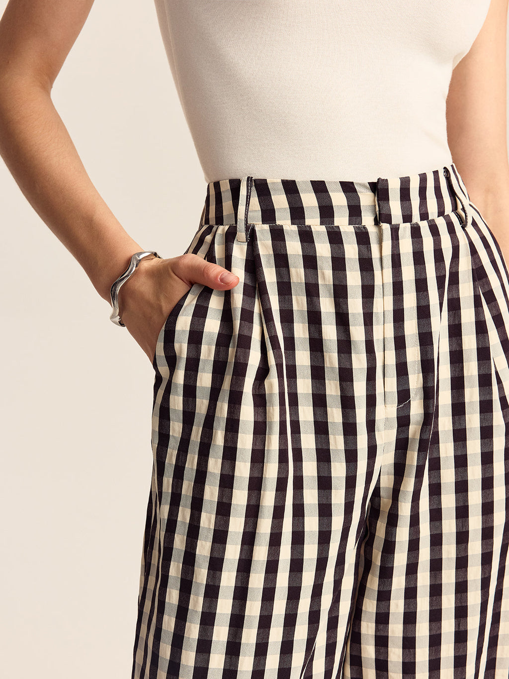 Gingham-Hose mit weitem Bein