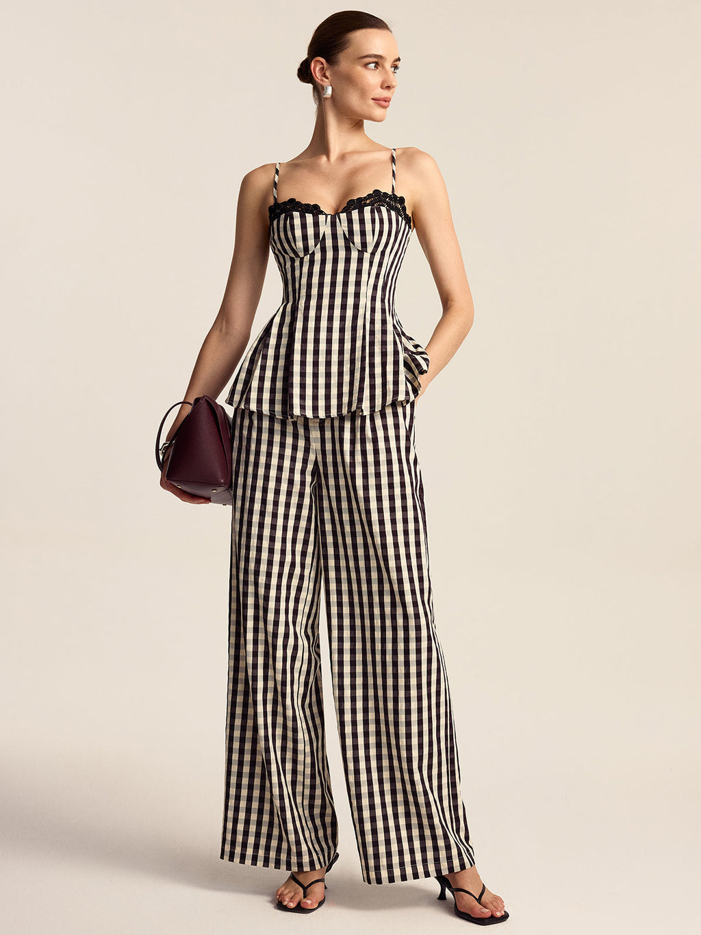 Gingham-Hose mit weitem Bein