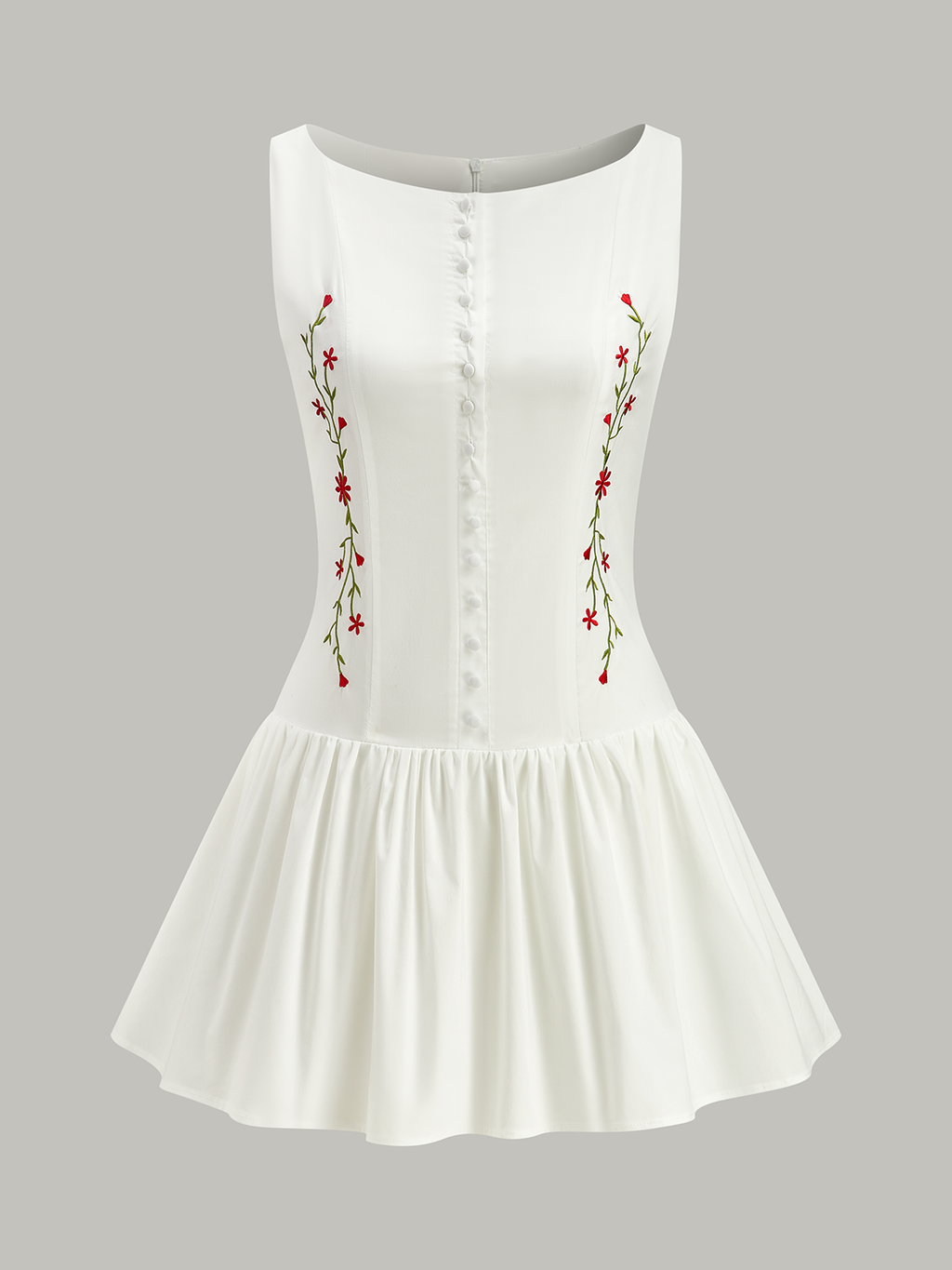 Besticktes geblümtes Minikleid mit Vorderknöpfen
