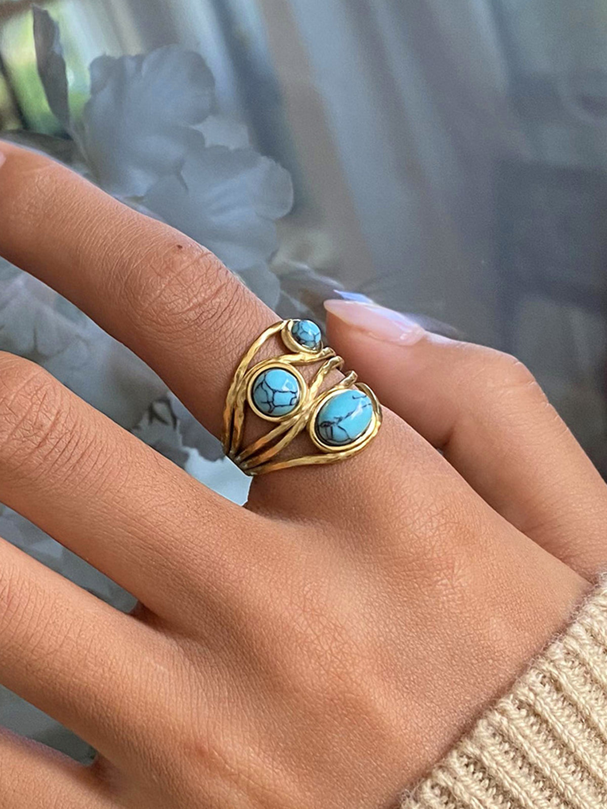 Gold Tone Turquoise Inlaid Ring