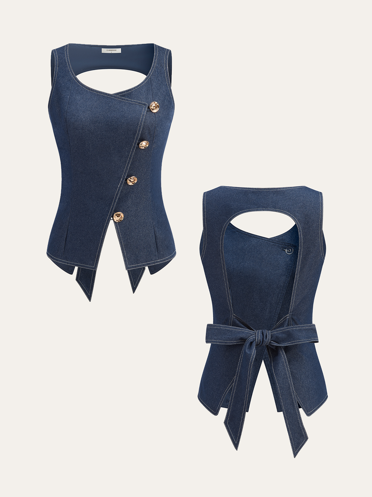 Asymmetric Button Bow Detail Vest