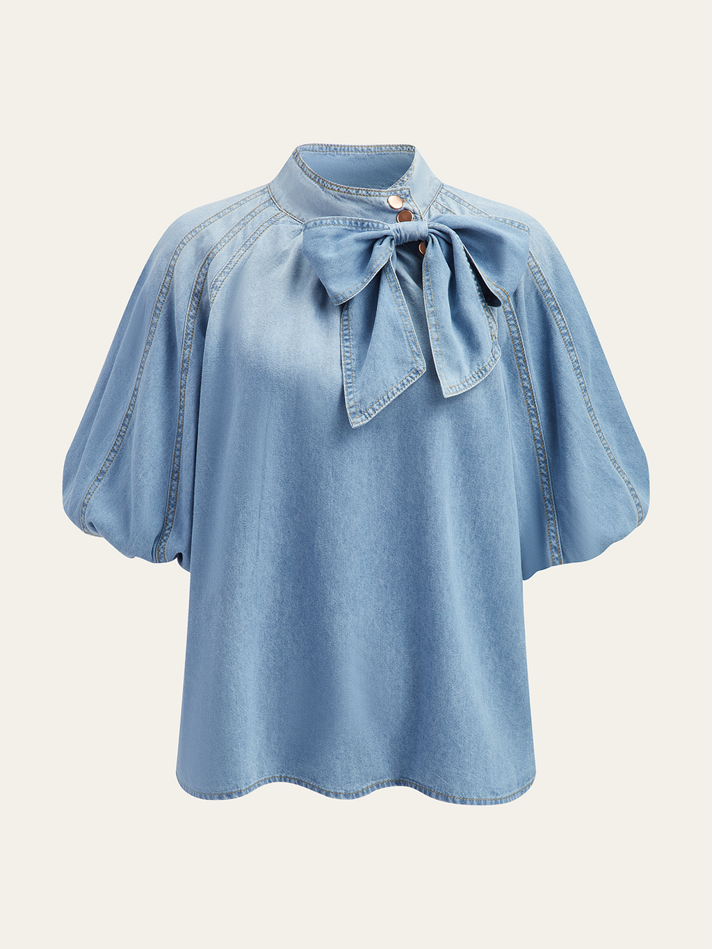 Denim Puff-Sleeve Top With Bow Detail