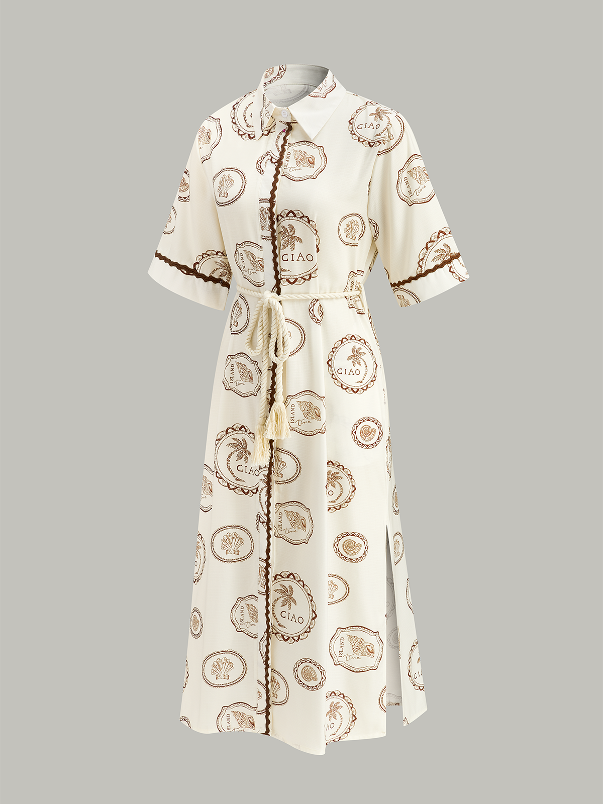 Printed Shirt Dress with Rope Tie Belt
