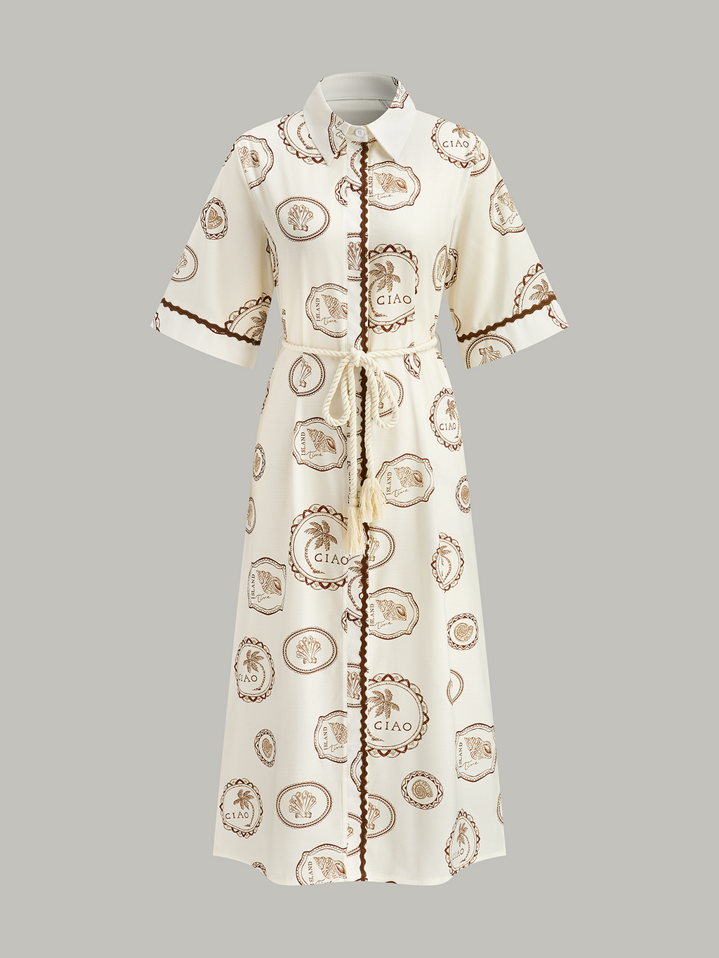 Printed Shirt Dress with Rope Tie Belt