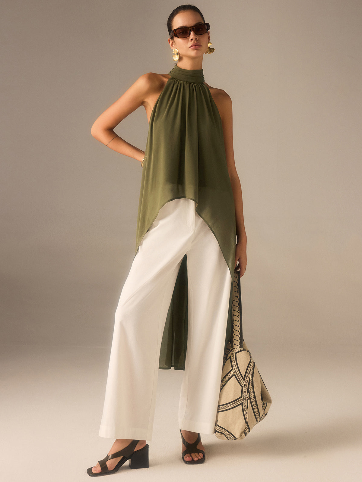Semi-Sheer Halter-Neck Chiffon Long Top