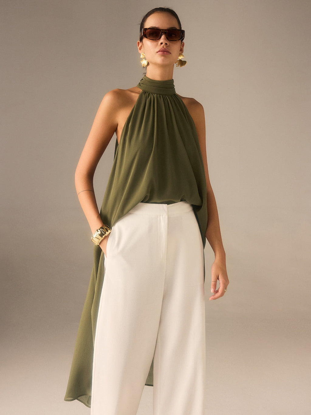 Top long en mousseline semi-transparente à licou