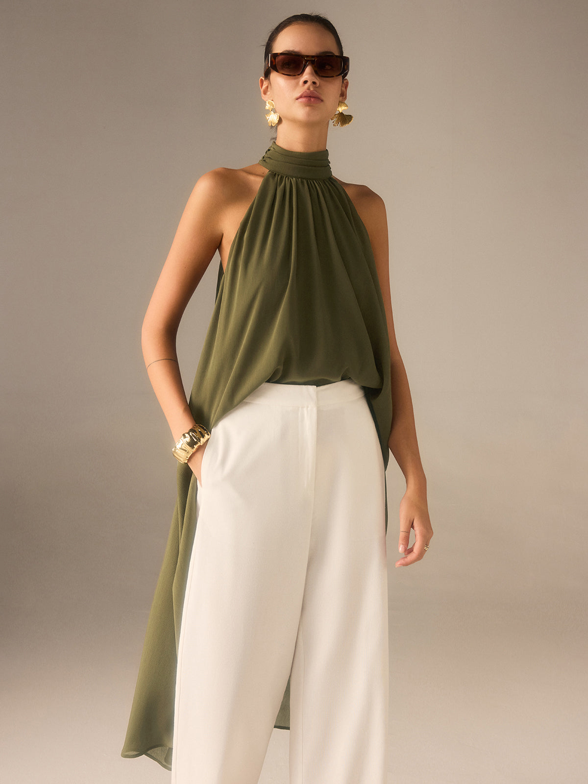 Top long en mousseline semi-transparente à licou