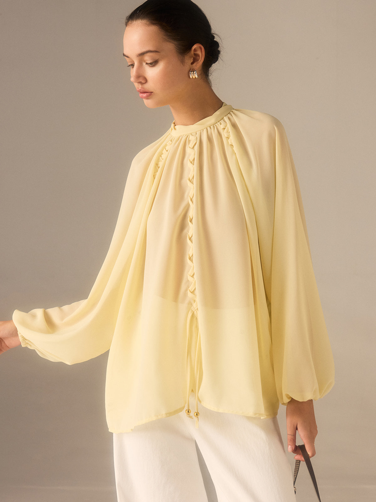 Semi-Sheer Chiffon Stand Collar Blouse with Braided Detail