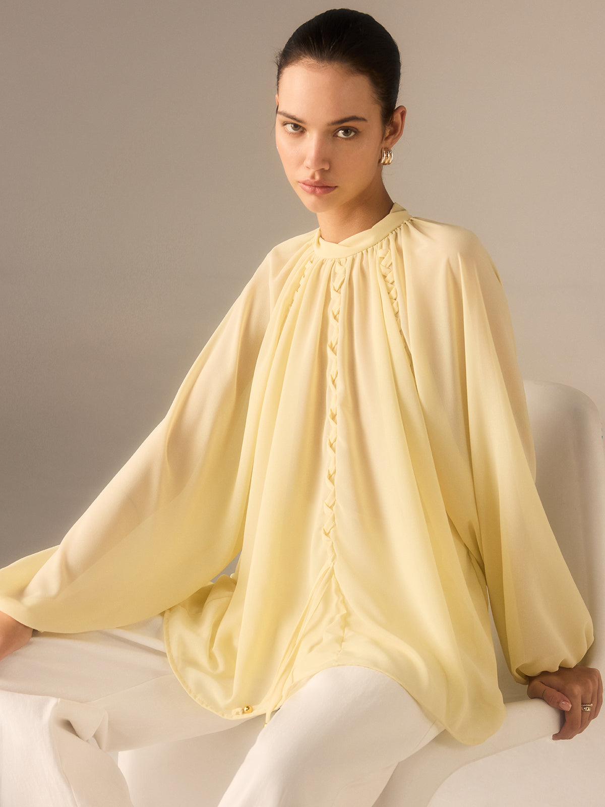 Semi-Sheer Chiffon Stand Collar Blouse with Braided Detail