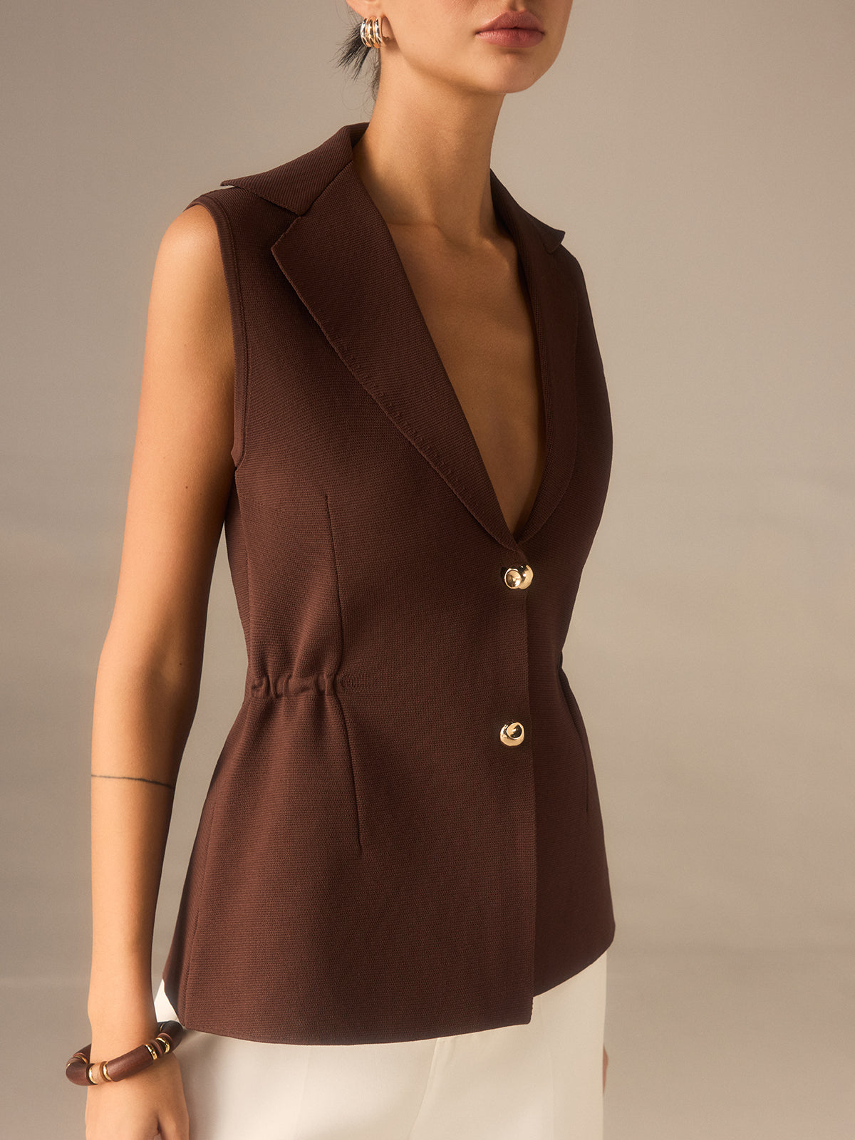 Metal Button Knitted Sleeveless Blazer Vest