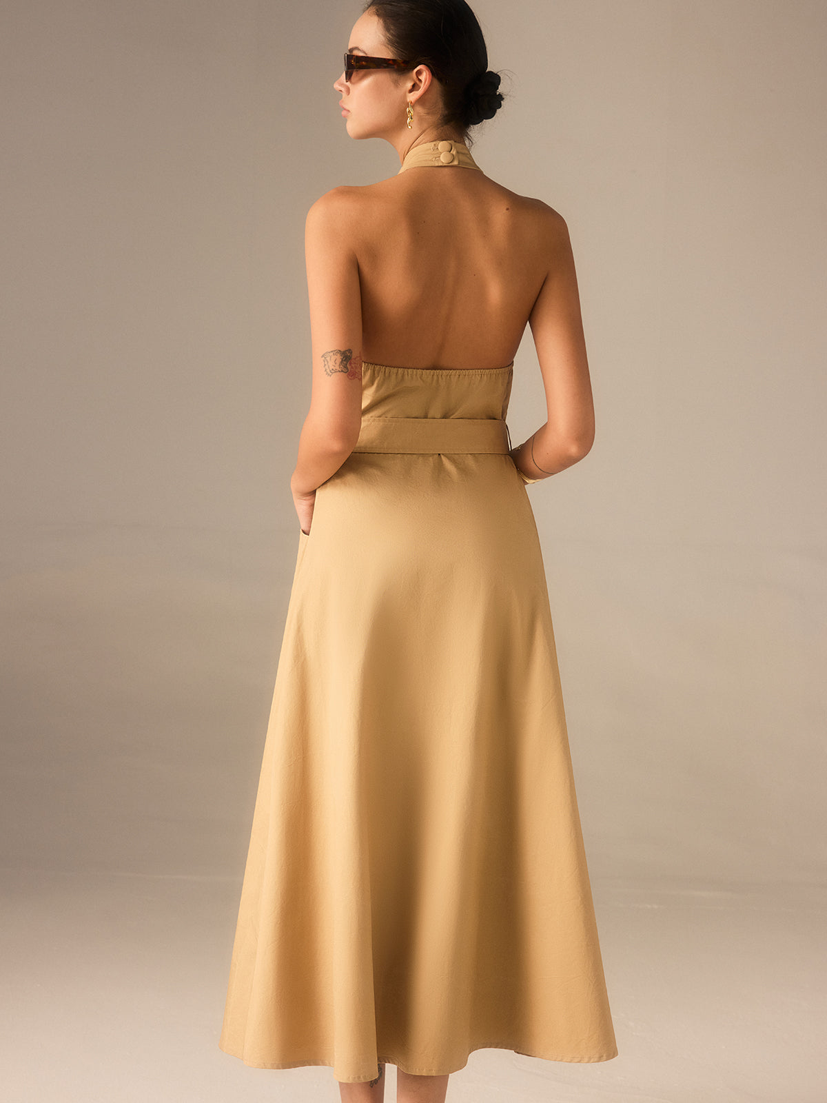 Cotton Pleated Halter Neck Belted Midi Dress