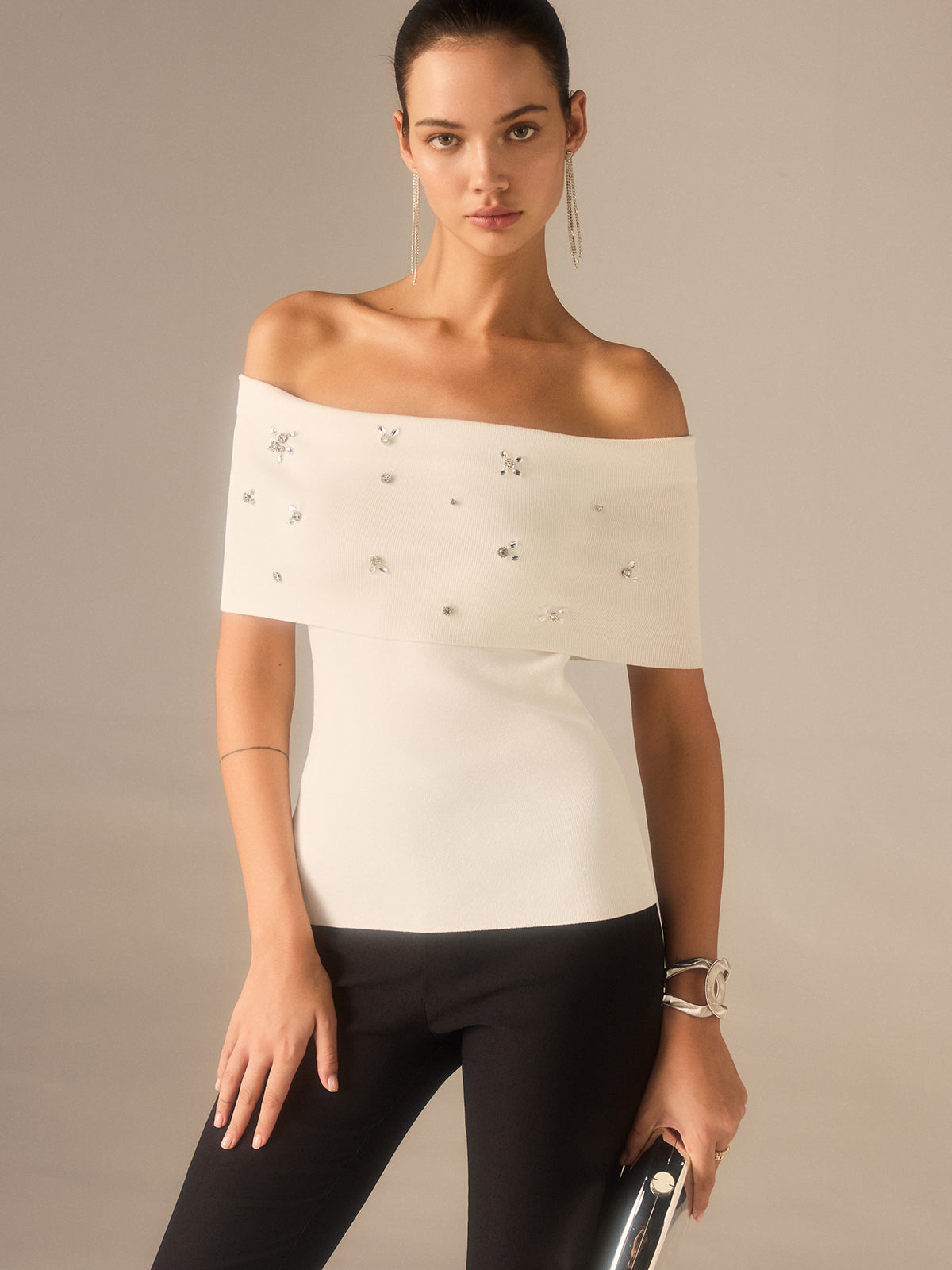 Off-Shoulder Knit Top with Crystal Embellishments
