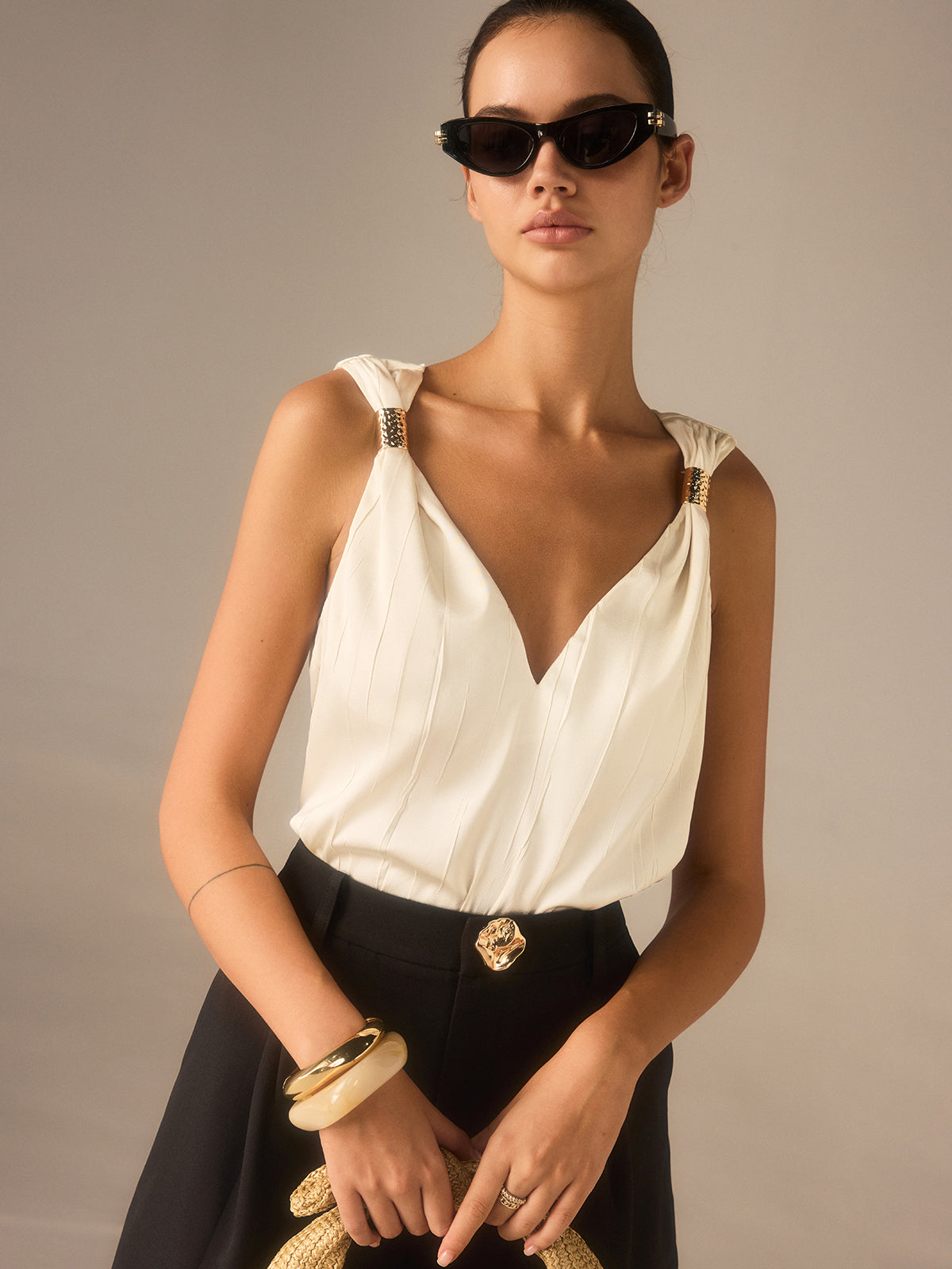 Satin Twist-Strap V-Neck Top with Metal Detail