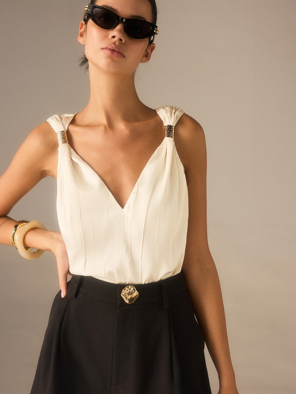 Satin Twist-Strap V-Neck Top with Metal Detail