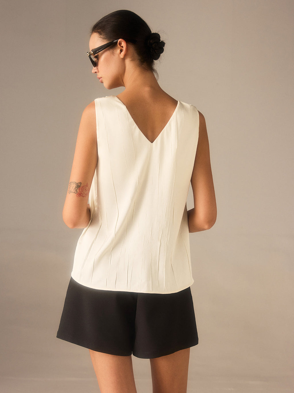 Satin Twist-Strap V-Neck Top with Metal Detail