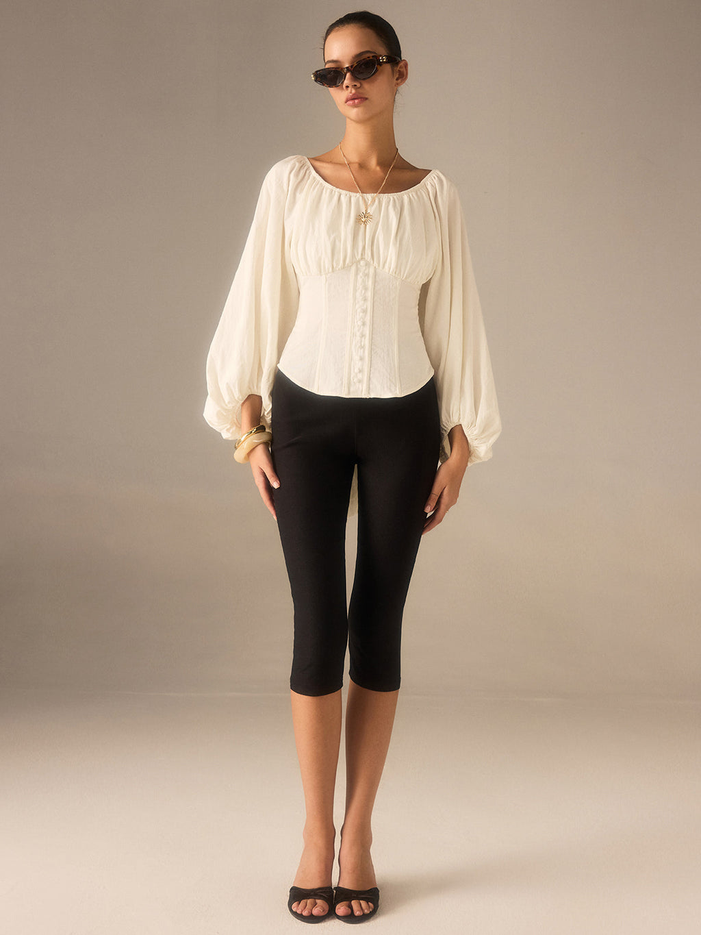 Off-Shoulder Laternenärmel-Top mit Schleifenrücken