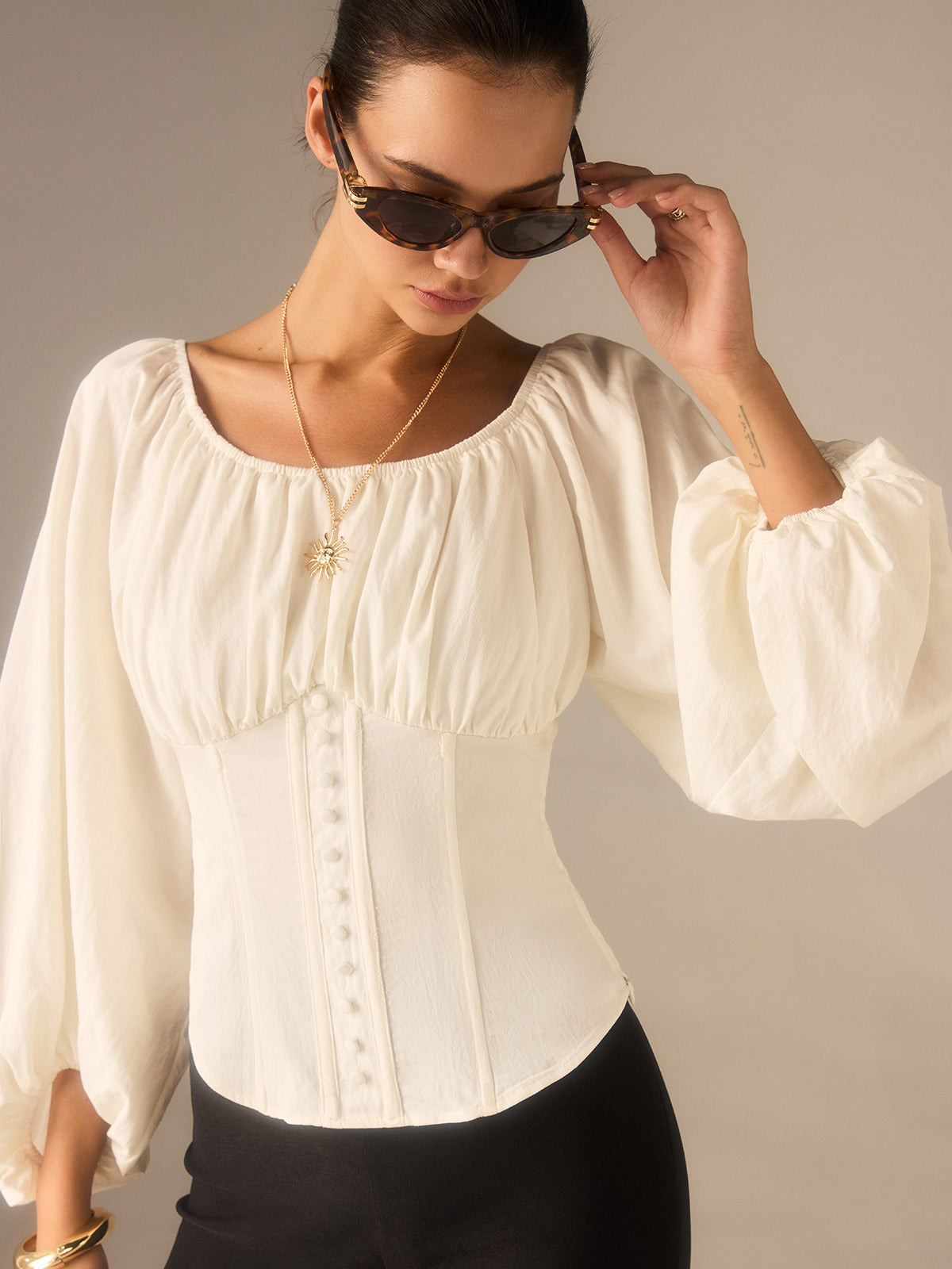 Off-Shoulder Laternenärmel-Top mit Schleifenrücken